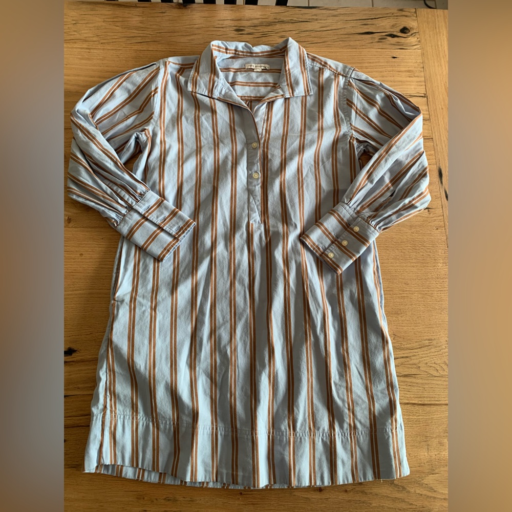 Free Assembly Shirt Dress Striped Blue Tan‎ long Sleeve Women’s S Mini Preloved